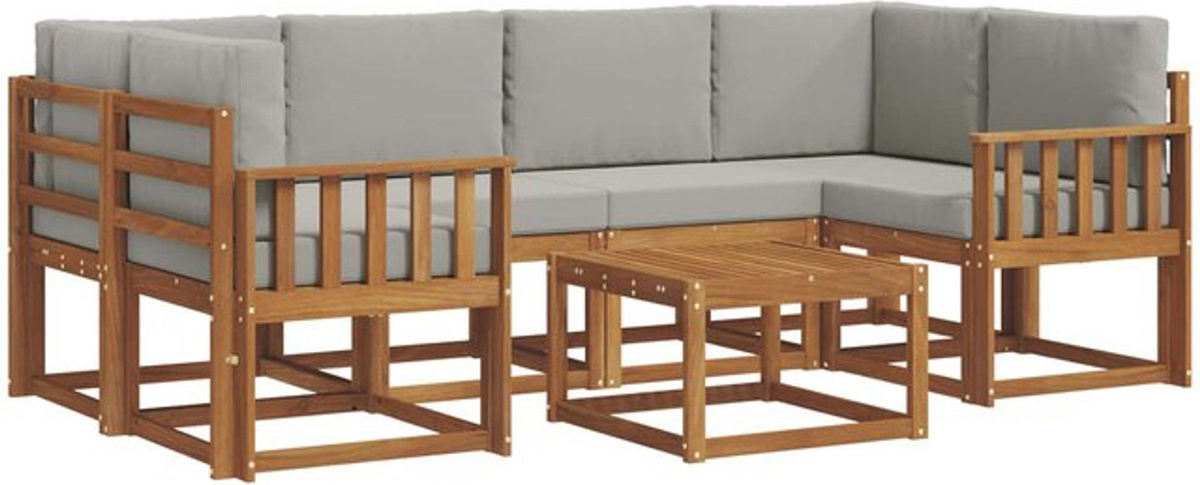 vidaXL Outdoor-Sofagarnitur aus Akazie mit Kissen in Natur und Hellgrau, 7-teiliges Loungemöbel-Set - Bild 1
