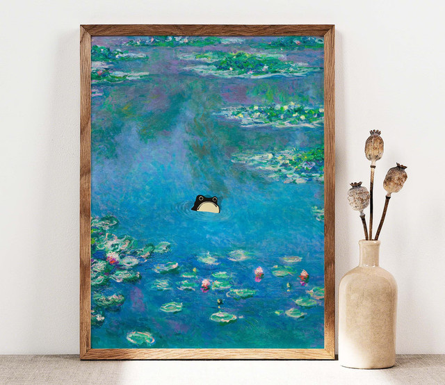 Lustiges Frosch-Poster im impressionistischen Stil mit Claude Monet Wasserlilien Motiv, mehrfarbiger Kunstdruck auf Papier - Bild 1