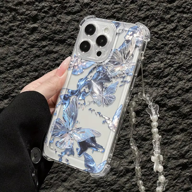 Transparente Handyhülle mit blauem Schmetterlingsdesign und Schleifen-Lanyard für Apple iPhone 11 bis iPhone 17 Pro Max - Bild 3
