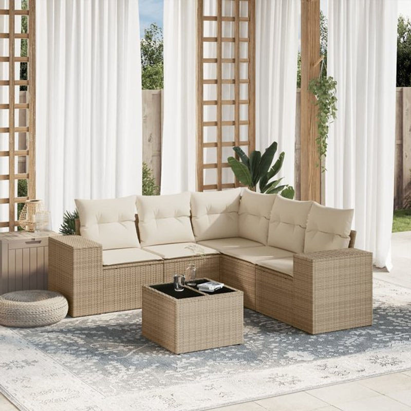 Vidaxl Gartenmöbel-Set aus Polyrattan mit Kissen und Glastisch, 6-teilig, Beige - Bild 1