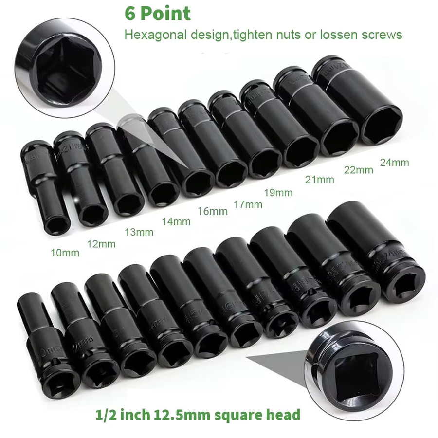 10-teiliges Schlagschrauber-Set in Grün, 1/2 Zoll metrische tiefe Steckschlüssel von 10 bis 24 mm für pneumatische Schraubenschlüssel und Reifenwechsel - Bild 4