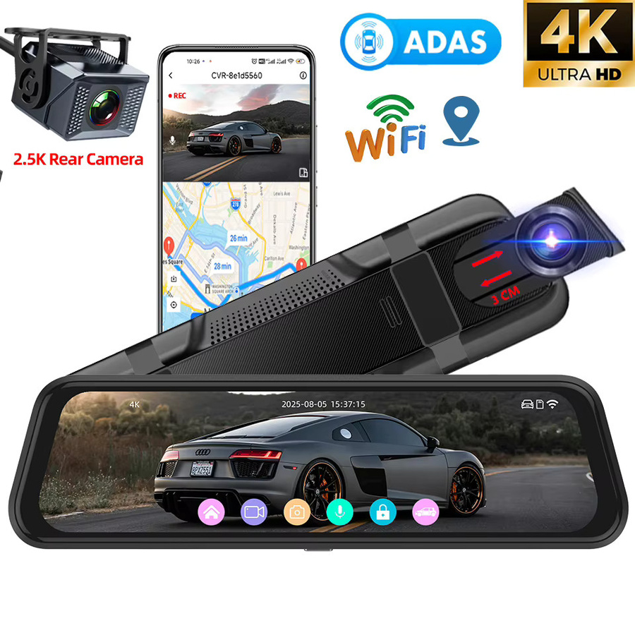 E-ACE 4K WIFI GPS Spiegelkamera für dein Auto mit Touchscreen-Videorekorder und optionaler 2.5K Rückkamera als DVR Black Box in Schwarz - Bild 5