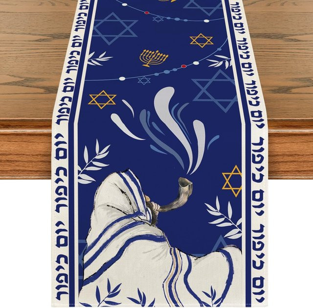 JINGYUE Pet Tischläufer Schofar Blätter aus Leinen in Blau für Jom Kippur und jüdische Feiertage, B/H: 150 x 33 cm - Bild 1