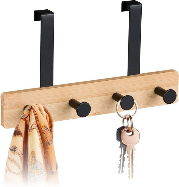 Relaxdays Türgarderobe aus Bambus und Stahl mit 4 Haken in Schwarz, B/T/H: 15,5 x 28 x 7 cm - Bild 1