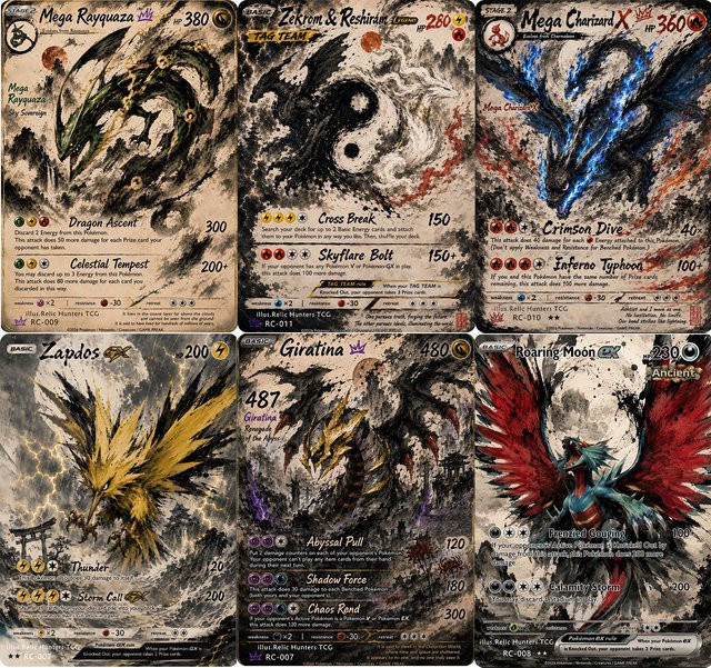 M&G Pokémon-Karten, PKM-Karten im Ink-Wash-Stil, Zekrom/Reshiram/Charizard X/Giratina/Rayquaza/Zapdos, Set / Bundle - Bild 1
