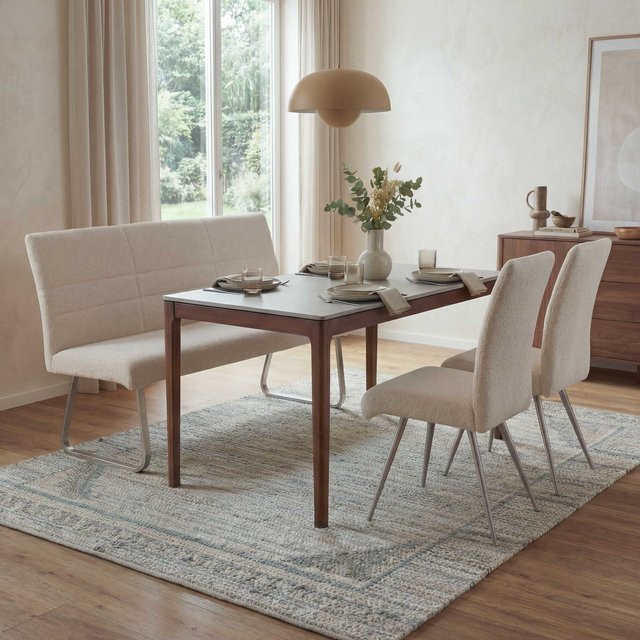 Esszimmer-Set MCW-G55 mit 2 Stühlen und einer 180 cm langen Sitzbank aus Chenille-Stoff in Creme und Beige mit gebürstetem Edelstahl - Bild 1