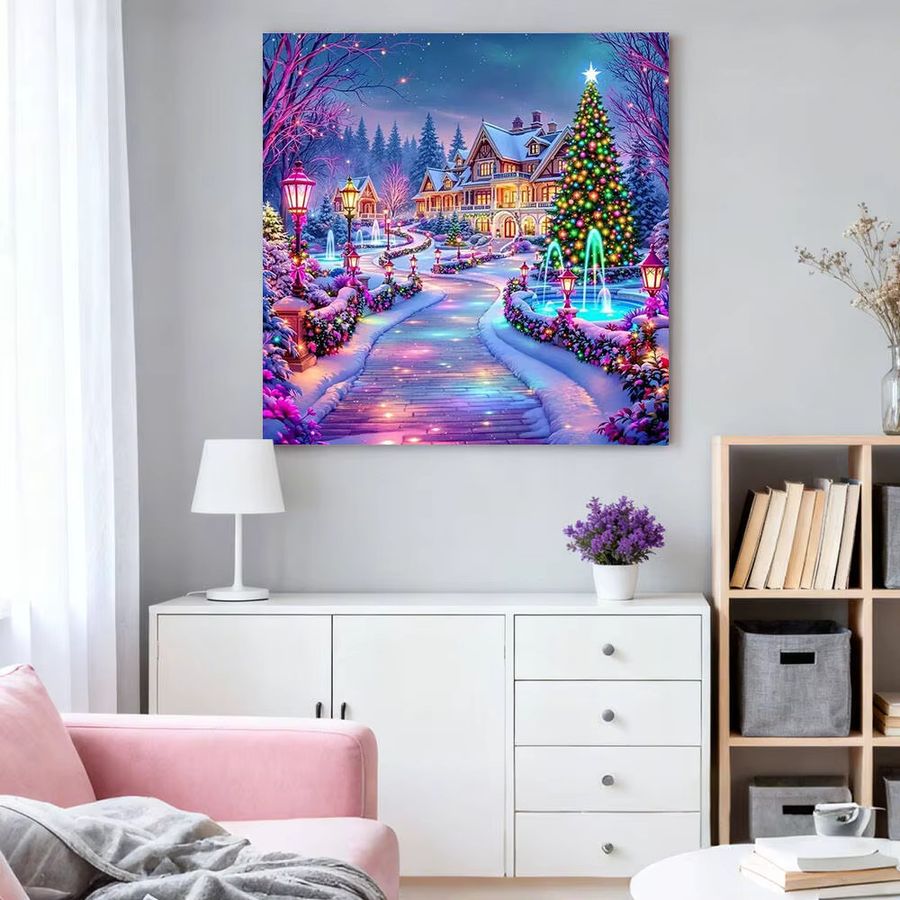 HUACAN Diamant-Gemälde Weihnachten Landschaft Mosaikhaus Stadtstraße mit Strasssteinen, 20 x 20 cm - Bild 3