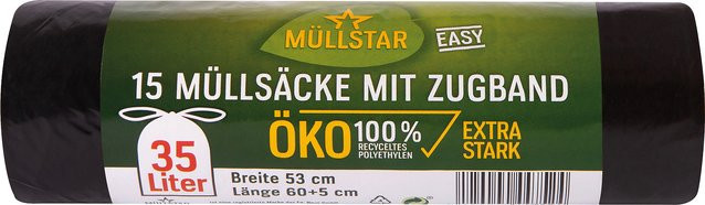 müllstar easy Öko-Müllsäcke mit Zugband, 35 Liter, Schwarz, 15 Stück, 100 % Recycling - Bild 1