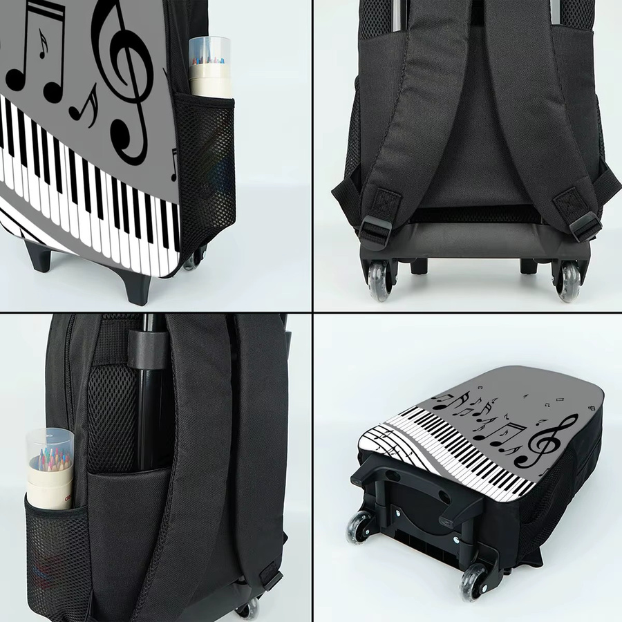 BAOERYE Kinder-Schultrolley-Set mit Rucksack, Lunchbox und Stifttasche im Piano Note Print Design, Blau - Bild 2