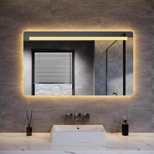 SONNI LED Badspiegel mit Beleuchtung, 3 Farbmodi, Steckdose, 3X Lupe und Anti-Beschlag, Wandspiegel B: 80 cm, H: 60 cm - Bild 1