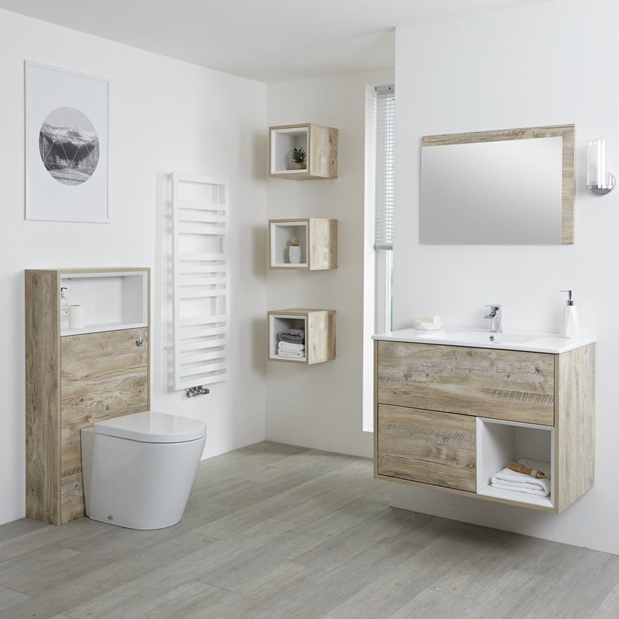 Hudson Reed Hoxton Waschtischunterschrank mit versenktem Waschbecken und WC mit verkleidetem Spülkasten, Helle Eiche, Breite: 80 cm - Bild 1
