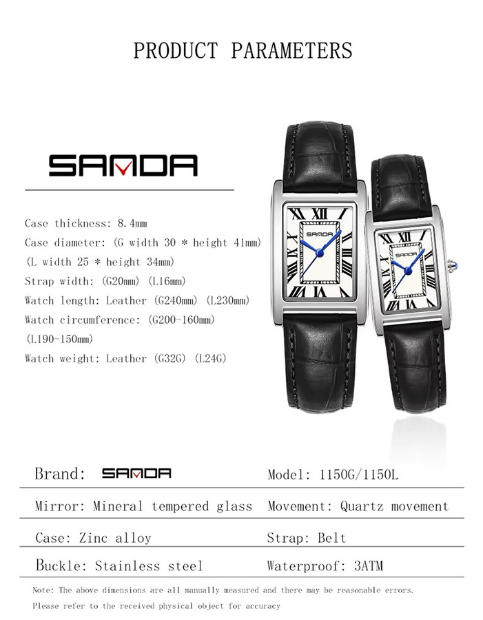 SANDA Armbanduhr, Quarz, Leder, Schwarz, Eckig, Unisex - Bild 2