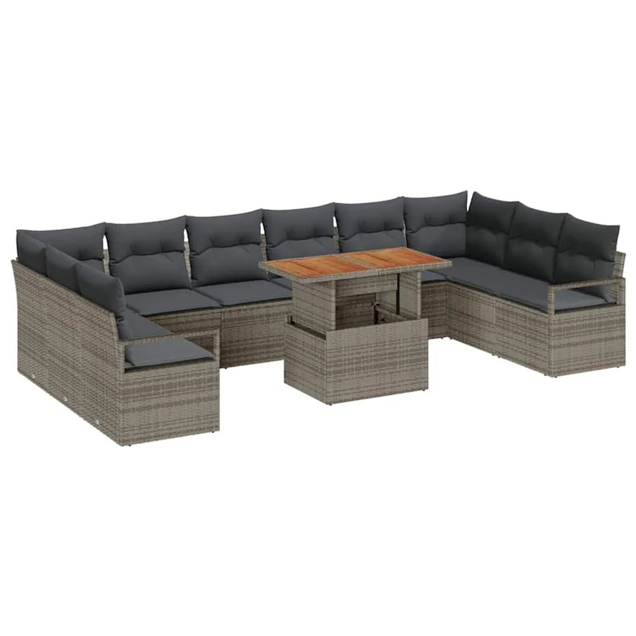 vidaXL Garten-Sofa-Set aus Polyrattan in Grau, 11-teiliges U-Shape Lounge-Set mit Stauraum und Polsterkissen - Bild 2