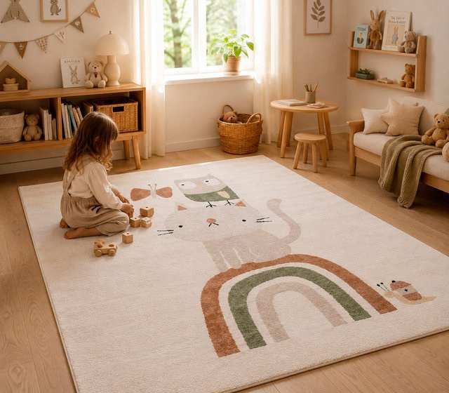 Pergamon Kinder Teppich Happy Kids in Grau/Mehrfarbig, Webteppich mit Motiv für das Kinderzimmer, pflegeleicht und OEKO-TEX Standard 100 - Bild 1