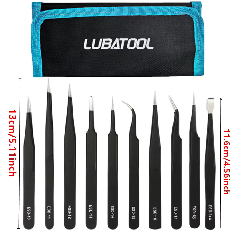 LUBATOOL Präzisionspinzetten-Set aus Edelstahl in Schwarz, 10 Stück, antistatische Pinzetten für die Elektronik- und Handy-Reparatur - Bild 2