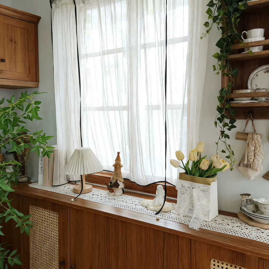 Tiyana Halbroman Vorhang im französischen Landhausstil mit schwarzem Kordelzug, transparentes Textil für Küche und Wohnzimmer, Weiß - Bild 4