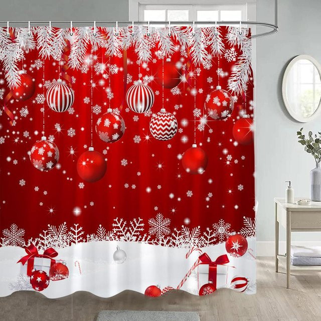 Wasserfester Weihnachts-Duschvorhang von Your Warm Home mit Schneemann und Tannenzweigen, rot, B/H: 120 x 180 cm - Bild 1