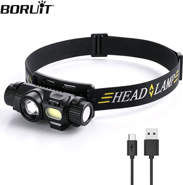 BORUiT LED-Stirnlampe mit Bewegungssensor, wiederaufladbare Kopflampe mit 5 Modi, wasserdicht, Schwarz - Bild 1