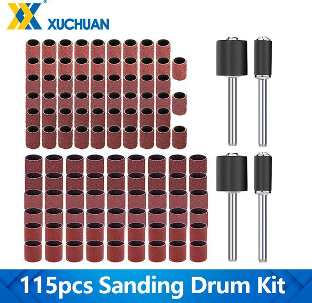 xcan 115-teiliges Schleiftrommel-Set mit Schleifbändern und Schleifdornen, Körnung 60/120/320, passend für Dremel und Nagelbohrer, Größen 1/2 und 1/4 Zoll - Bild 1
