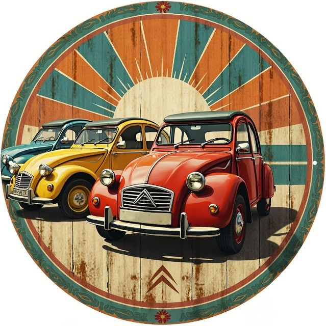 Runde Vintage Aluminium-Wandtafel von CIFBUY mit Automobil-Kunst in Multicolour, Durchmesser: 20 cm - Bild 1