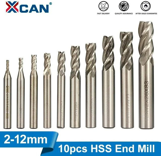 Xcan HSS Fräser Set mit 4 Schneiden, 10 Stück, Silber, Durchmesser 2-12 mm für CNC-Maschinen und Metallbearbeitung - Bild 1