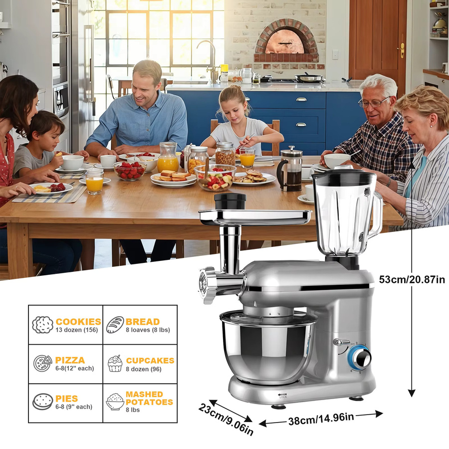 Jianyana Multifunktionaler Standmixer 1900W mit 6L Edelstahl-Rührschüssel in Silber inklusive Fleischwolf, Knethaken, Schneebesen und Rührbesen - Bild 6