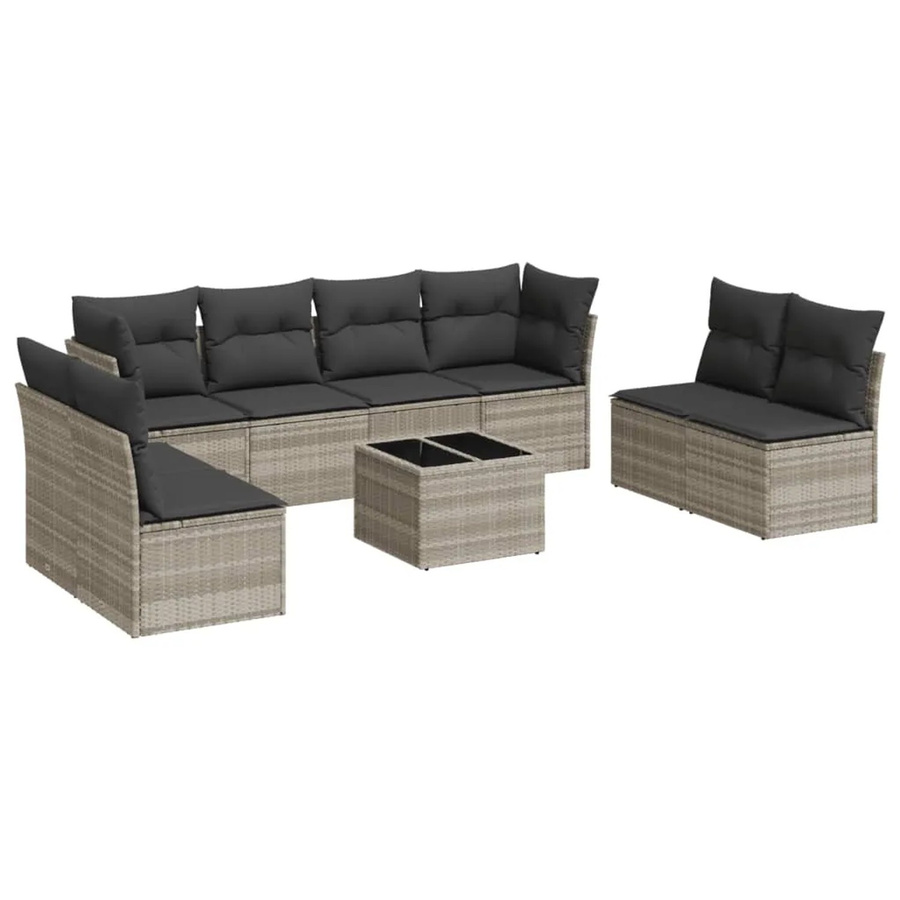 vidaXL 9-teilige Garten-Sofagarnitur in L-Form mit Kissen und Couchtisch, Hellgrau, Poly Rattan und Metallrahmen - Bild 2
