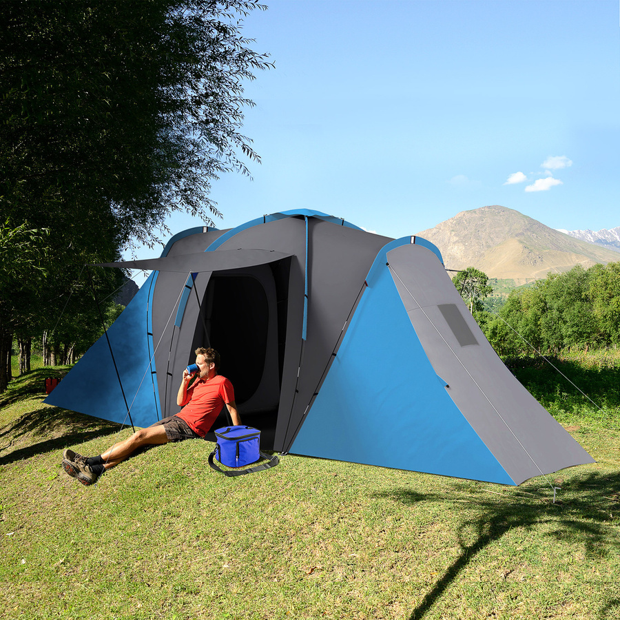 Outsunny Tunnelzelt Campingzelt für 4-6 Personen mit 2 Schlafzimmern und Wohnbereich, wasserabweisend, Grau-Blau - Bild 2