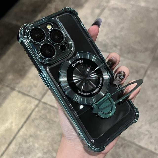 Yiran Luxus Handyhülle mit Halter-Ständer und Beschichtung für iPhone 16E 15 Pro Max 14 13 12 11 Plus in Schwarz und Transparent - Bild 1