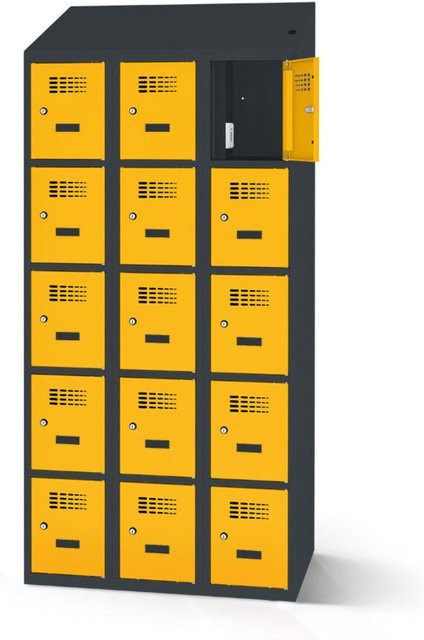 rotstahl Fächerschrank mit 15 Fächern und Ladefunktion, Farbe Gelb mit anthrazitgrauem Korpus, B: 90 cm, H: 200 cm - Bild 1