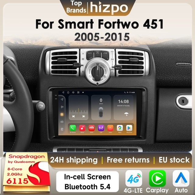 Hizpo Android 14 Intelligentes Autoradio für Smart Fortwo 451 (2005–2015) mit Qualcomm Snapdragon 6115, 8 Kernen, CarPlay, GPS, DSP, 4G und Bluetooth 5.4 in Schwarz - Bild 1