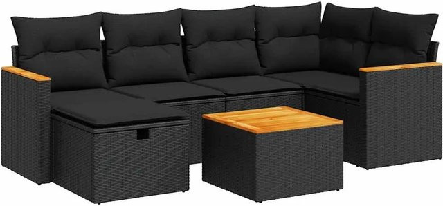 vidaXL 7-tlg. Garten-Sofagarnitur aus Polyrattan in L-Form mit Kissen, Schwarz - Bild 1