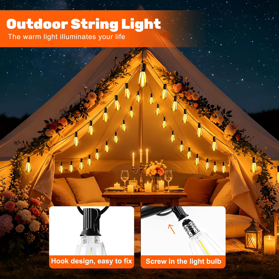Solar-LED-Lichterkette für den Außenbereich mit ST38 Glühbirnen, wasserdicht und bruchsicher, inklusive Haken für Garten, Terrasse oder Camping - Bild 7