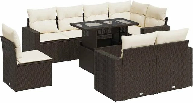 vidaXL 9-teilige Garten-Sofagarnitur in L-Form aus braunem Poly-Rattan mit cremeweißen Kissen - Bild 1