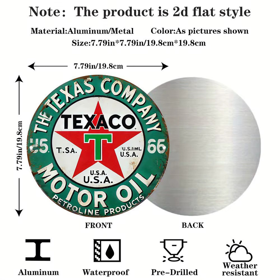 Potdemiel Vintage Texaco Motor Oil Logo Aluminiumschild, runde Retro-Wandkunst aus Metall, Durchmesser: 19,79 cm, rot-grün - Bild 2