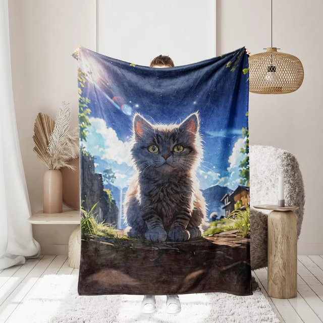 VIKAMA Luxus-Plüschdecke mit Sternenhimmel und Katzen-Motiv, superweich und warm für alle Jahreszeiten, B/B/H: 240 x 225 x 0 cm - Bild 1