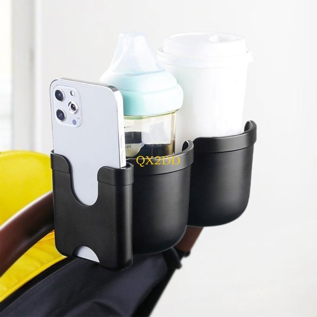 QX2D Kinderwagen-Getränkehalter in Schwarz, 360 Grad drehbarer Doppelflaschen-Organizer - Bild 1
