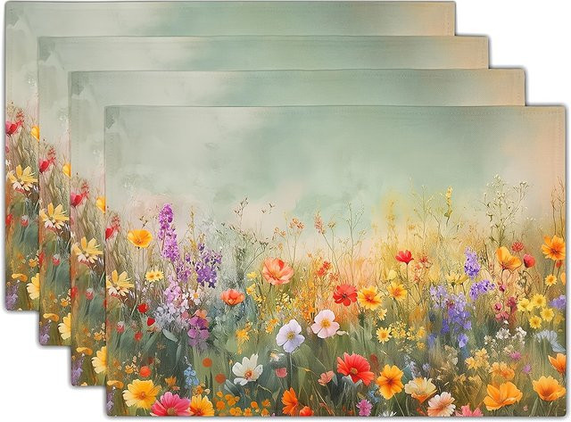 VIKAMA 4er-Set Tischmatte mit Wildblumen-Landschaftsmotiv in Mehrfarben, rechteckig, aus PVC - Bild 1