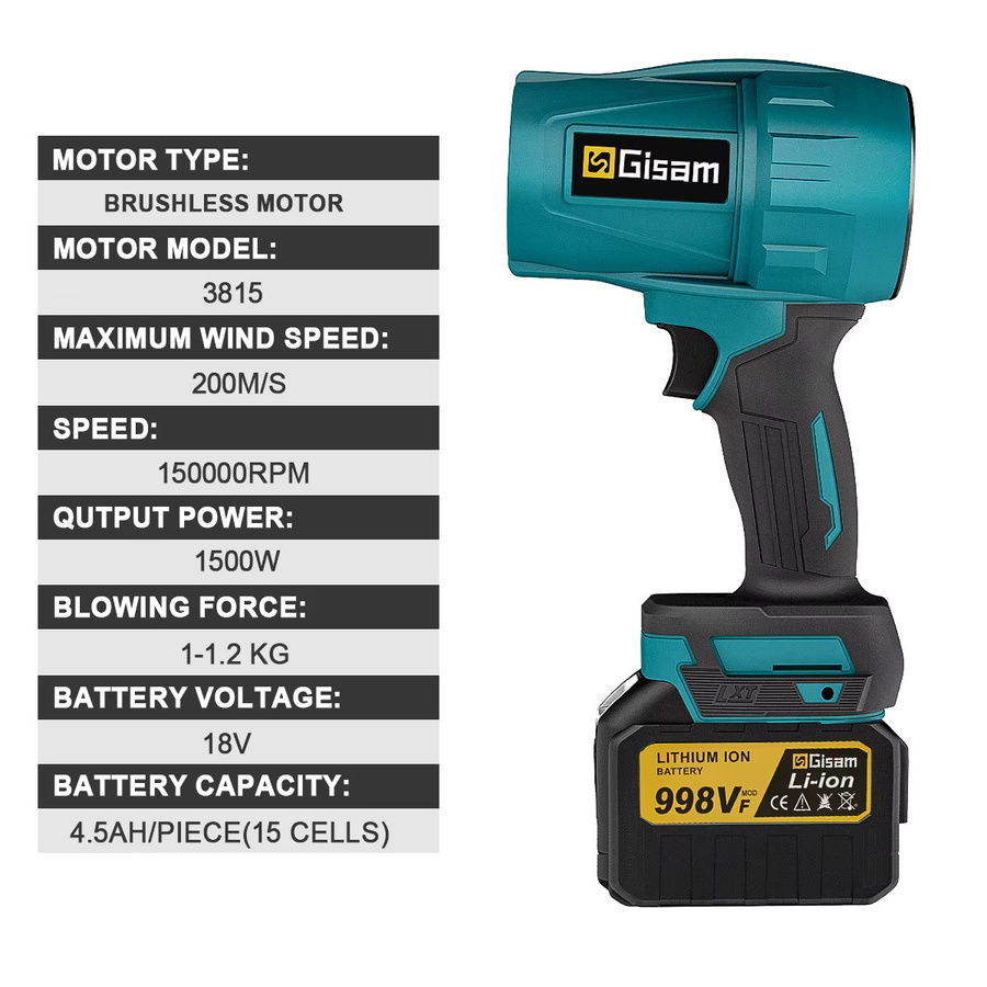 Gisam Bürstenloser Akku-Luftbläser Turbo Jet Fan Laubbläser und Staubblasgerät für Makita 18V LXT Akku mit 150000 RPM - Bild 5