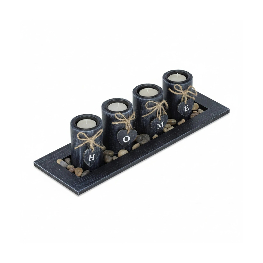 Relaxdays Teelichthalter Set aus MDF und Stein in Schwarz, Natur und Weiß mit Tablett B: 39,5 cm, T: 10,5 cm, H: 13 cm - Bild 2