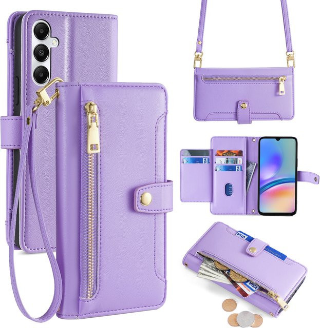 Samsung Wallet Flip Phone Case Umhängetasche mit Lanyard für Galaxy S24 Ultra S24 Plus S23 FE A55 A35 A25 A15 A05S in Schwarz und Lila - Bild 1