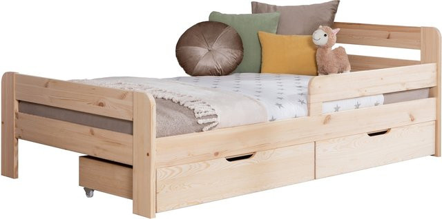 TiCAA Kinderbett Bennet aus Kiefer Massivholz mit Schubkasten und Rausfallschutz, Farbe Braun - Bild 1