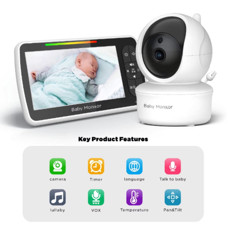 Bytelike HD Babyphone mit Kamera und 5 Zoll Monitor, 2-Wege-Audio, Nachtsicht, 355 Grad Schwenkfunktion und 120 Grad Neigung, Farbe: Weiß - Bild 2