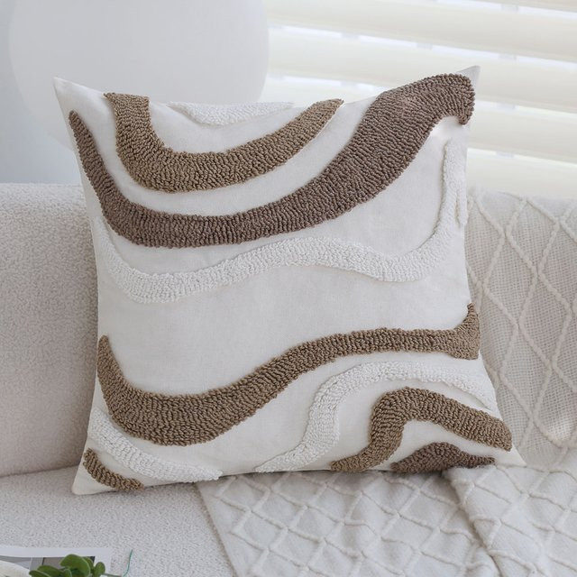 CANIRICA Boho Kissenbezug mit grafischem Wellenmuster in Braun und Weiß, B/H: 45 x 45 cm - Bild 1