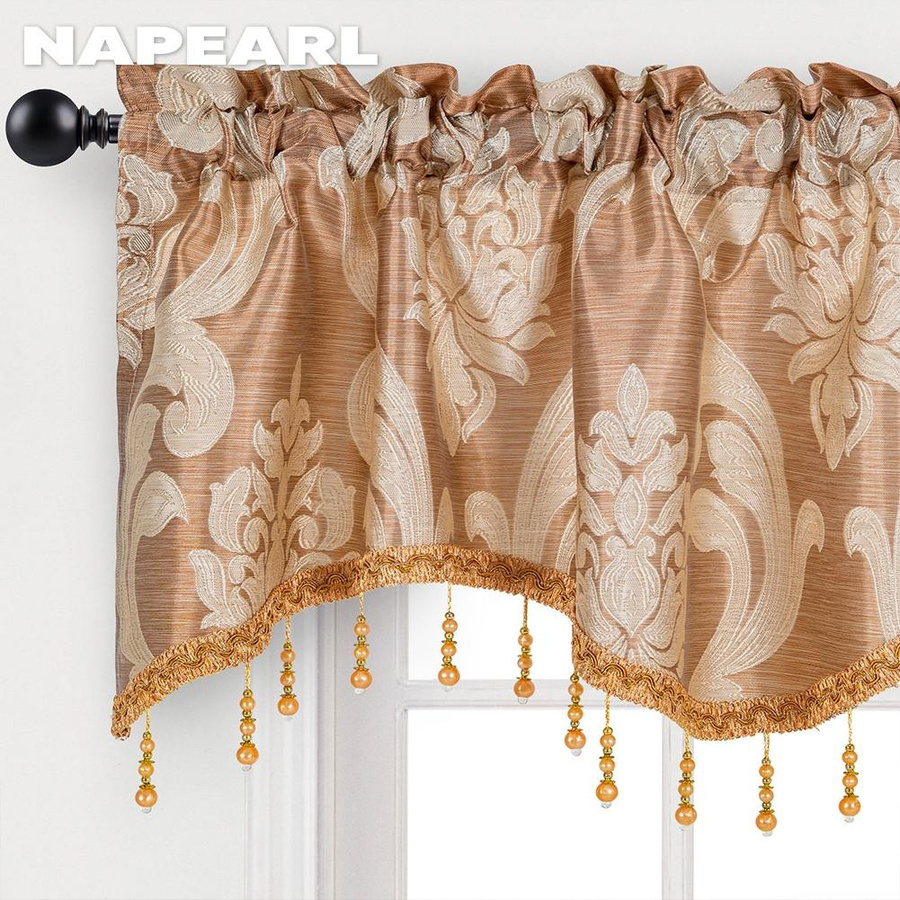 2er-Set NAPEARL Jacquard-Vorhänge mit floralem Muster und gewelltem Volant in Braun, Breite: 132 cm, Höhe: 46 cm - Bild 3