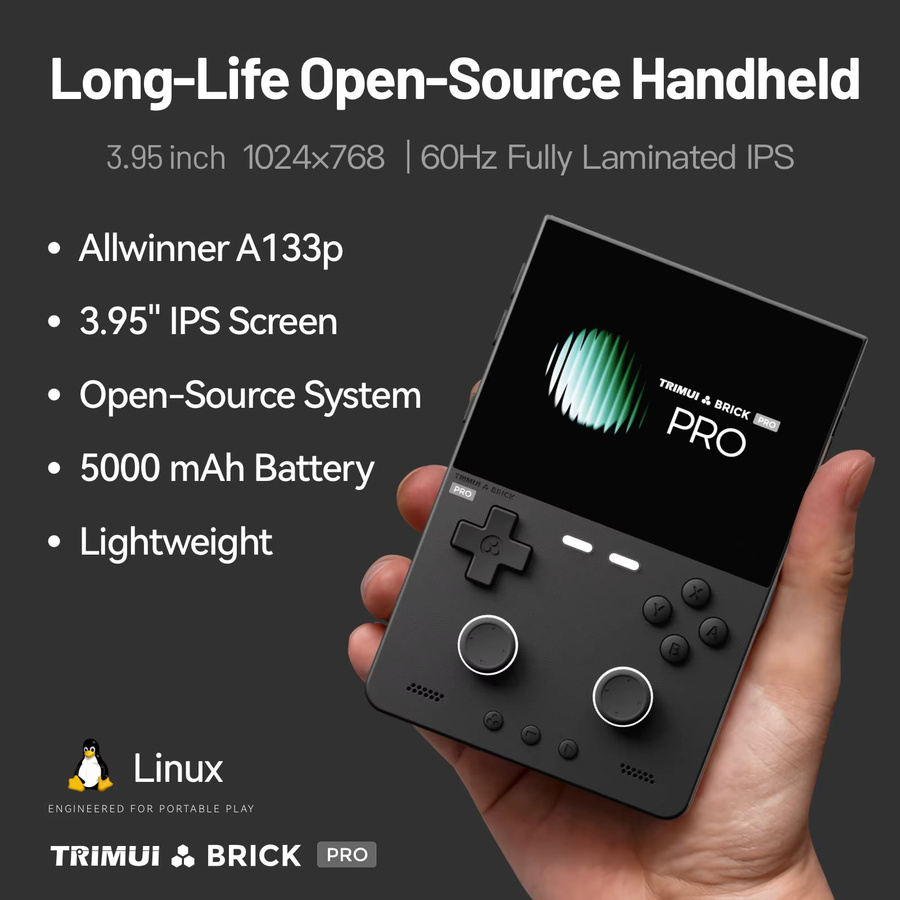 Trimui Brick Pro Retro Handheld-Spielkonsole mit 3,95 Zoll Display in Schwarz - Bild 2