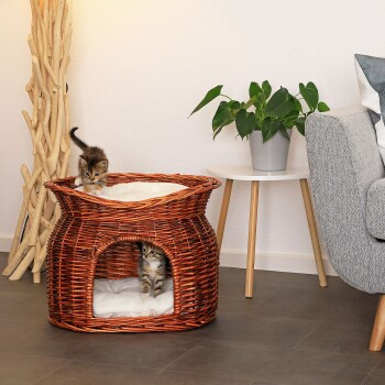 Lionto Weidenkorb für Katzen als Höhle in Braun mit herausnehmbarem Kissen - Bild 3