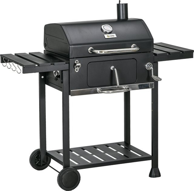 Outsunny Holzkohlegrill Campinggrill mit zwei Grillrosten, klappbaren Seitenablagen und Grillwagen mit Regal in Schwarz aus Edelstahl - Bild 1