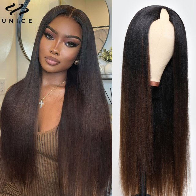 UNice Hair Yaki-Perücke, Kastanienbraun, Echthaar, 150 % Dichte, Unisex - Bild 1