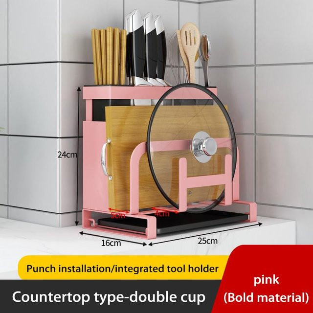 BGRORIO Küchen-Organizer-Regal aus Metall in Pink, wandmontierter Messerhalter mit Löffel-, Stäbchen- und Schneidebretthalter sowie Gewürzaufbewahrung - Bild 1